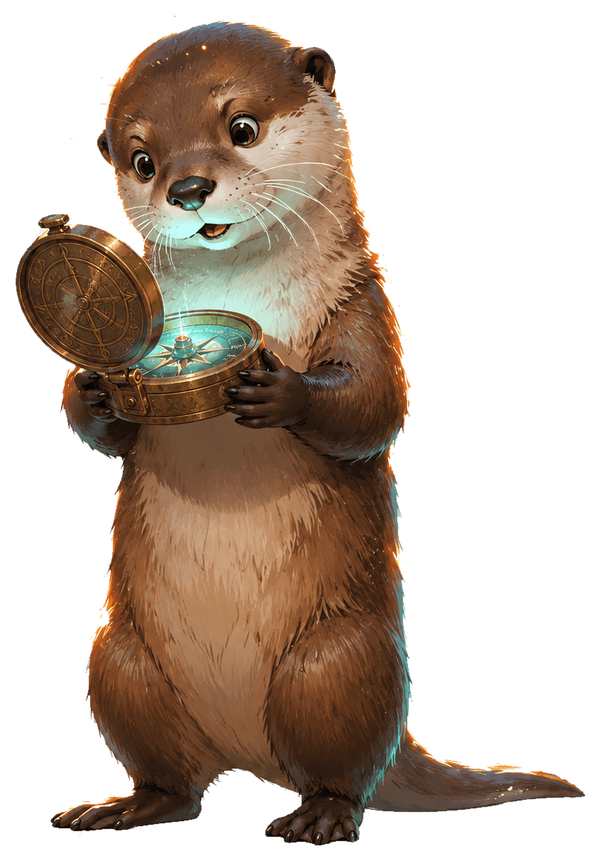 Otti the otter, holding a glowing compass